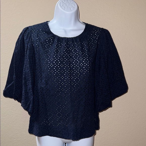 Joe's Jeans Navy Cotton Eyelet 3/4 Puff Sleeve Cropped Top Women’s Size S - Picture 1 of 8